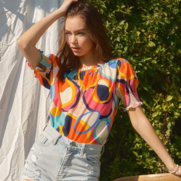 28 Boho Multi Color Print Puffed Sleeve Blouse Top - Picture 6 of 6